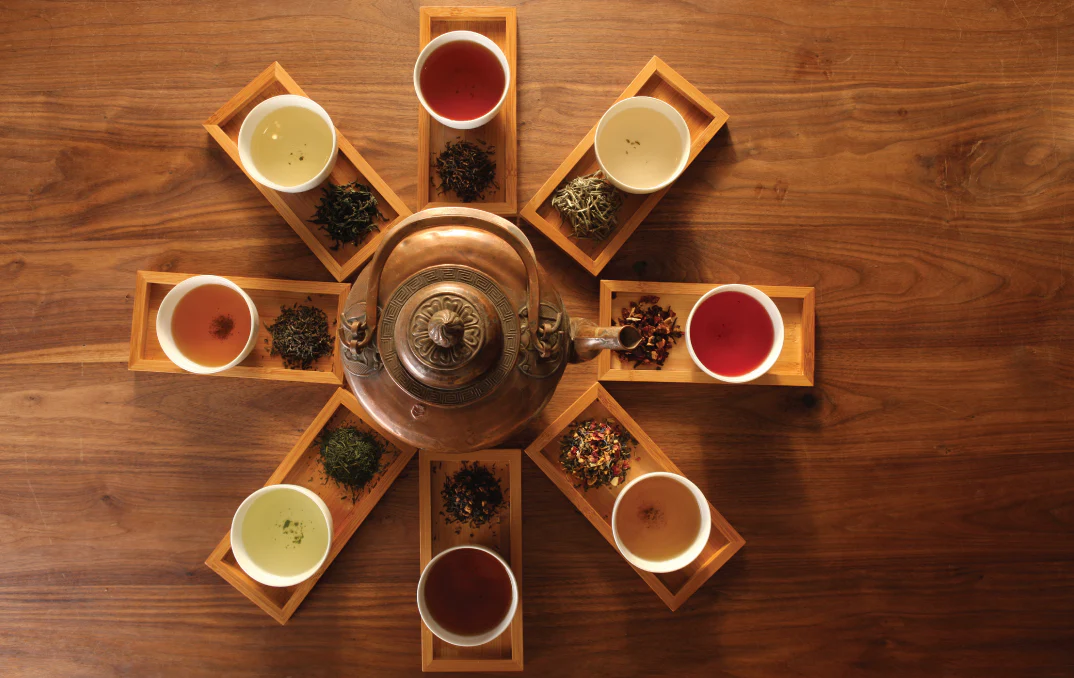 Modular grid displaying various herbal tea categories and brewing equipment